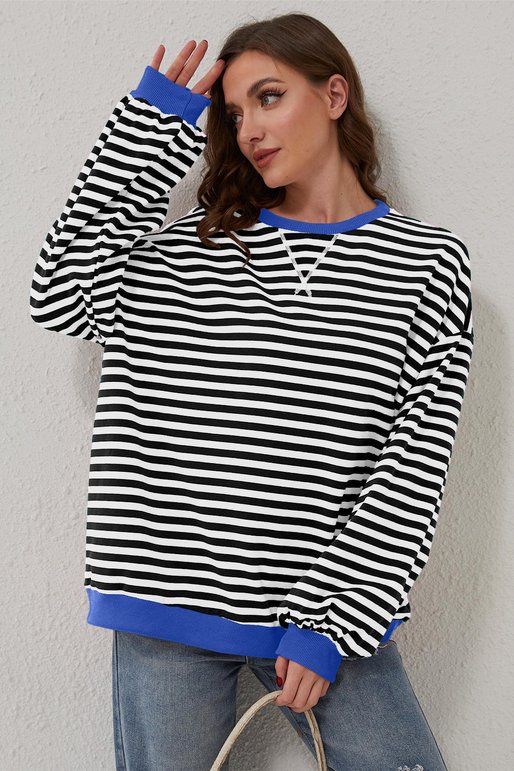 Black Stripe Oversized Contrast Trim Pullover Sweatshirt Sweatshirts & Hoodies JT's Designer Fashion