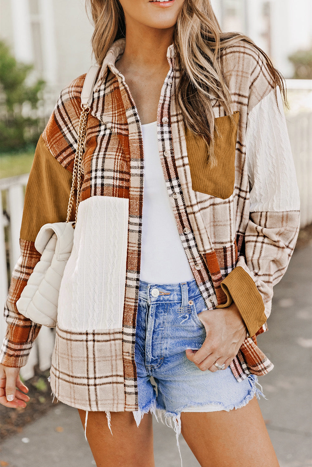 Orange Plaid Color Block Patchwork Shirt Jacket with Pocket Plaid Shackets JT's Designer Fashion
