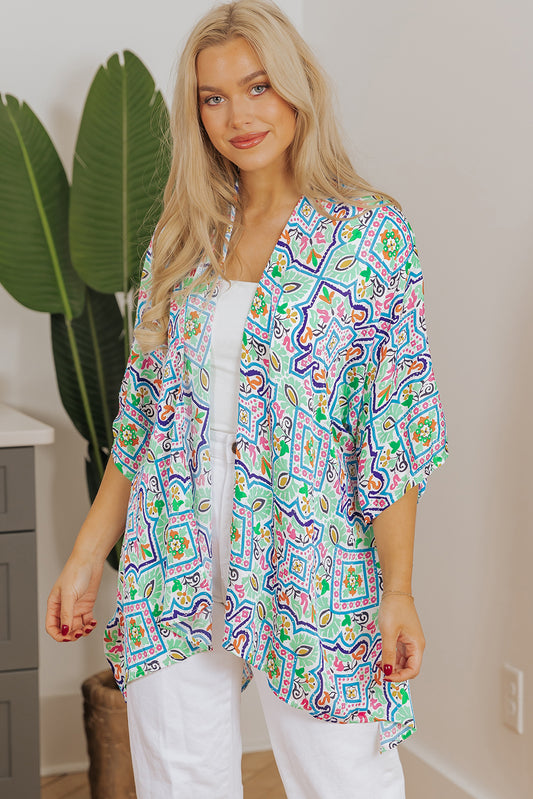 White Boho Floral Printed Rhinestone 3/4 Sleeve Open Front Kimono White 100%Polyester Kimonos JT's Designer Fashion