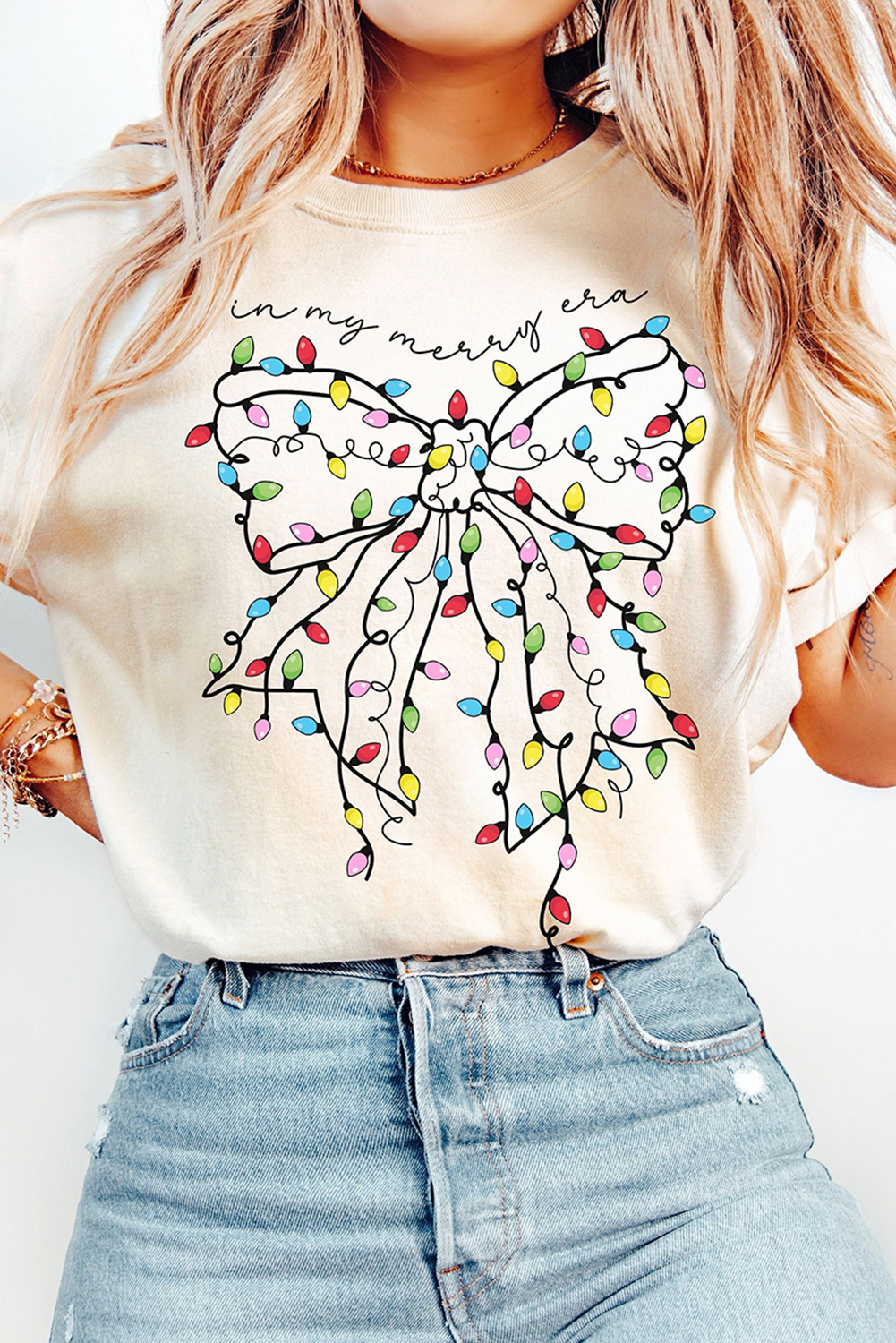 White Colored Light Bowknot Graphic Crewneck T Shirt Graphic Tees JT's Designer Fashion
