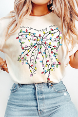 White Colored Light Bowknot Graphic Crewneck T Shirt Graphic Tees JT's Designer Fashion