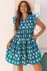 Blue Retro Floral Print Split Neck Ruffle Short Sleeve Dress Blue 100%Polyester Floral Dresses JT's Designer Fashion