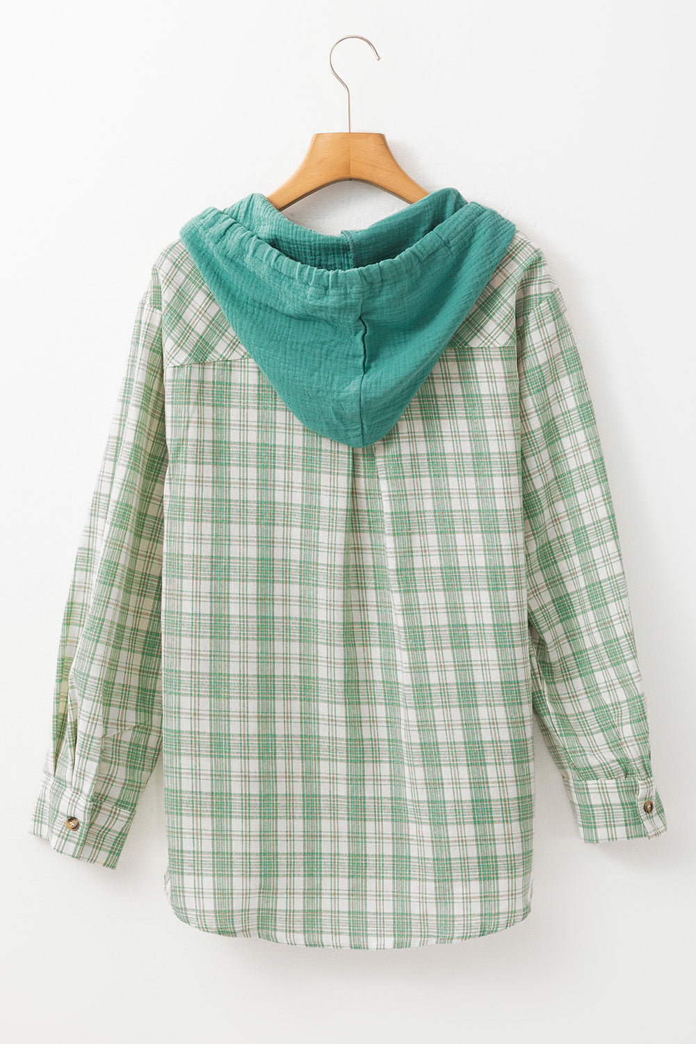 Green Checkered Print Loose Fit Buttoned Hooded Shacket Plaid Shackets JT's Designer Fashion