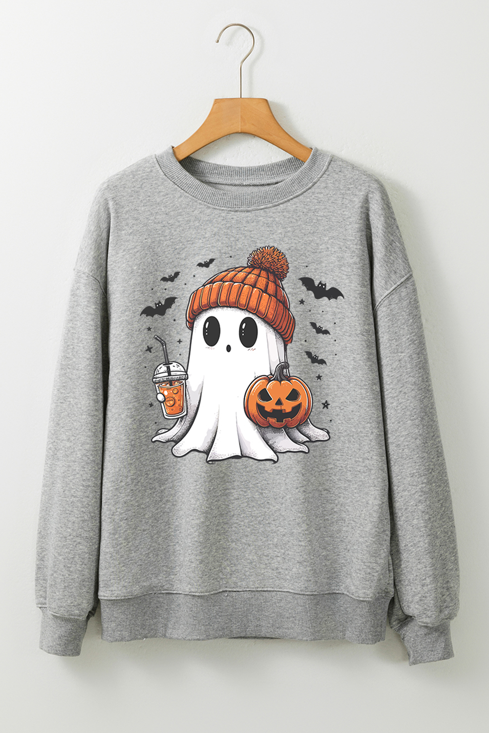 Gray Halloween Ghost Print Crewneck Drop Shoulder Sweatshirt Graphic Sweatshirts JT's Designer Fashion
