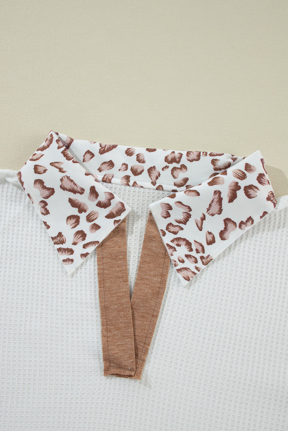 White Leopard Patchwork Turn-down Collar Waffle Top Long Sleeve Tops JT's Designer Fashion