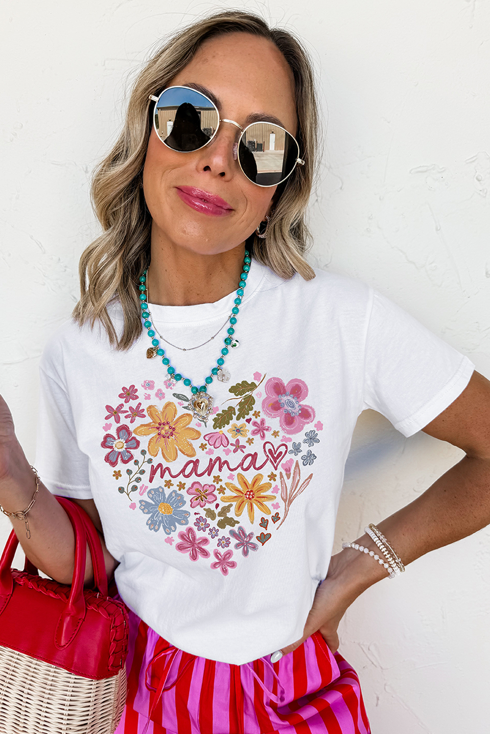 White MAMA Flower Heart Cotton Blend Graphic Tee Graphic Tees JT's Designer Fashion