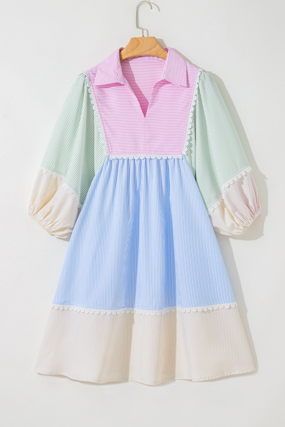 Multicolour Striped Patchwork Ric Rac Puff Sleeve Collared Mini Dress Mini Dresses JT's Designer Fashion
