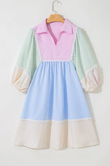 Multicolour Striped Patchwork Ric Rac Puff Sleeve Collared Mini Dress Mini Dresses JT's Designer Fashion