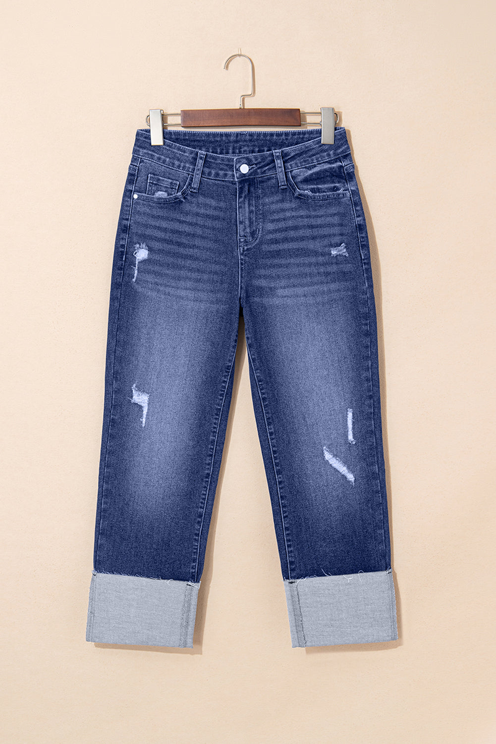 Real Teal Folded Cuffs Distressed Straight High Waist Jeans Jeans JT's Designer Fashion