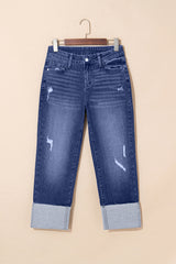 Real Teal Folded Cuffs Distressed Straight High Waist Jeans Jeans JT's Designer Fashion