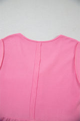 Bright Pink Waffle Textured Button Round Neck A-line Tiered Sleeveless Dress Mini Dresses JT's Designer Fashion