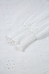 White Eyelet Embroidered Smocked Cuff Sheer Blouse Blouses & Shirts JT's Designer Fashion