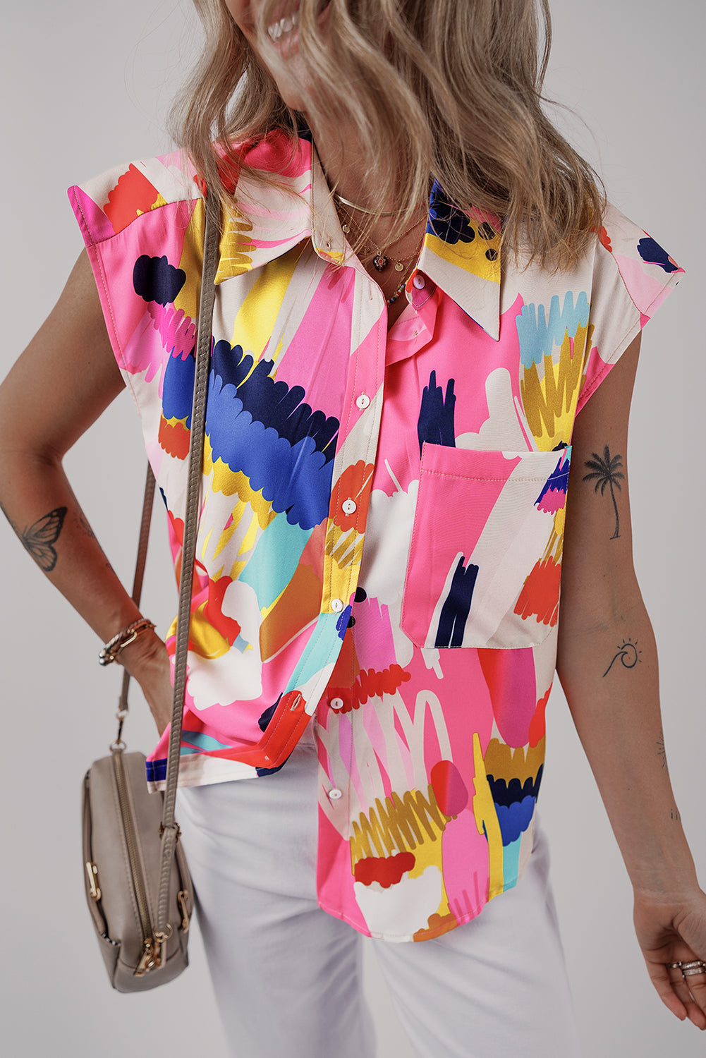 Multicolour Abstract Print Collared Cap Sleeve Casual Shirt Multicolour 100%Polyester Blouses & Shirts JT's Designer Fashion