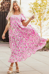 Pink Dainty Floral Smocked Puff Sleeve Flowy Long Dress Maxi Dresses JT's Designer Fashion