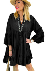 Black Chambray Ruffled 3/4 Sleeve Tiered Split V Neck Mini Dress Mini Dresses JT's Designer Fashion