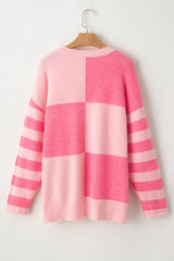 Pink Checkered Colorblock Striped High Low Loose Sweater Sweaters JT's Designer Fashion