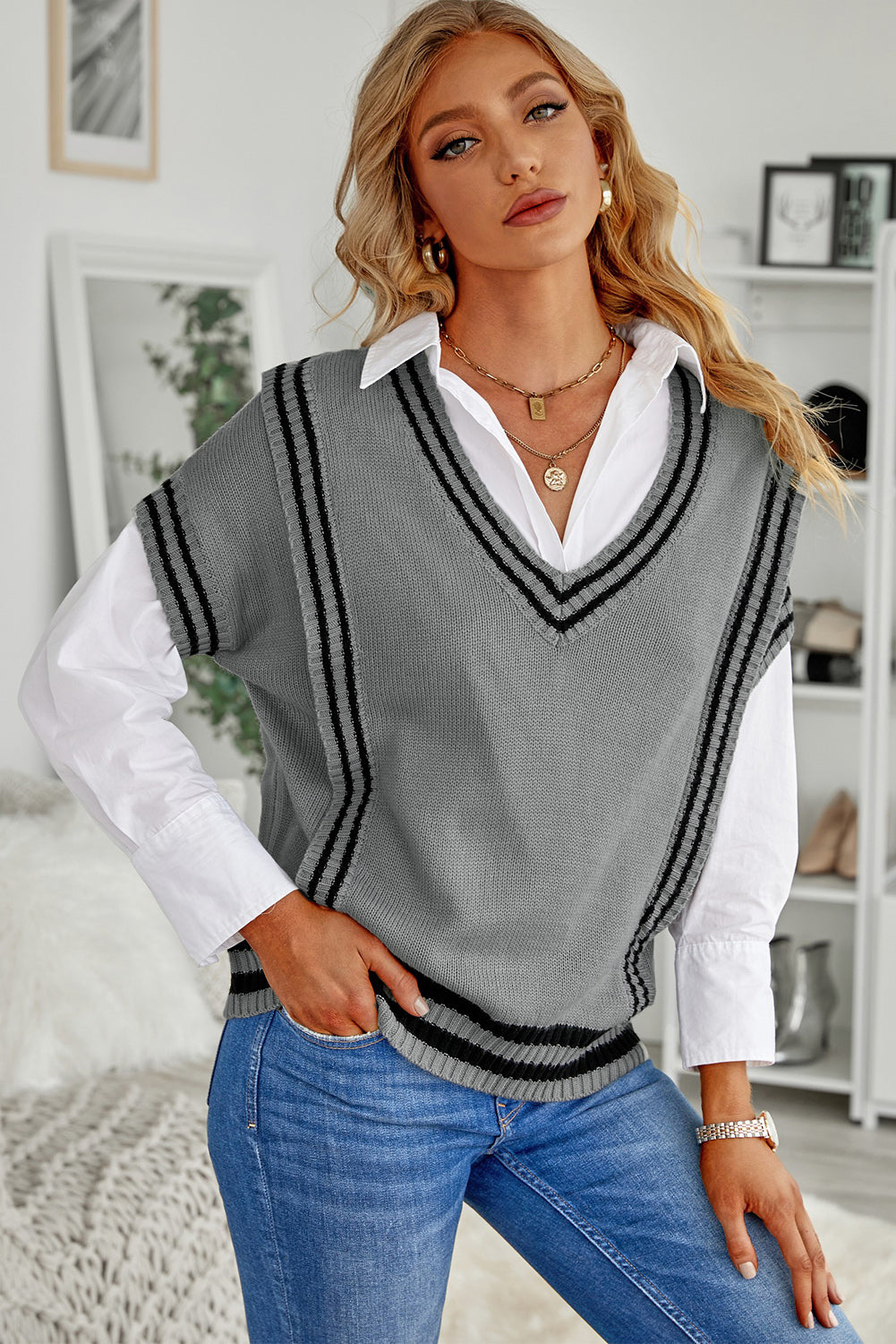 Gray V Neck Contrast Stripes Trims Short Sleeve Sweater Sweaters & Cardigans JT's Designer Fashion