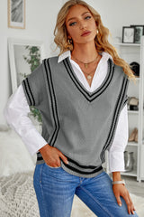 Gray V Neck Contrast Stripes Trims Short Sleeve Sweater Sweaters & Cardigans JT's Designer Fashion