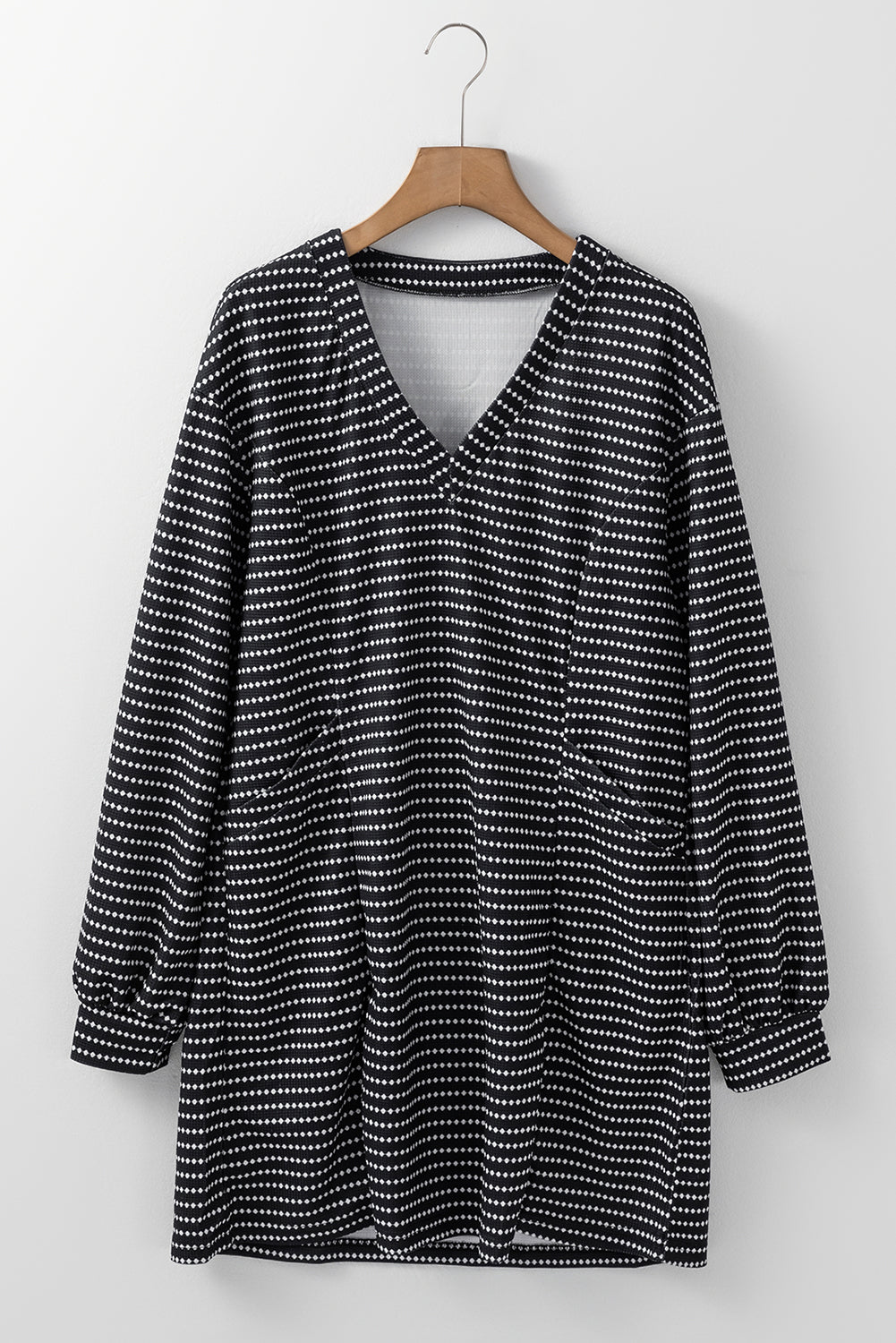 Black Striped V Neck Long Puff Sleeve Shift Dress Mini Dresses JT's Designer Fashion
