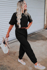 Black Lattice Textured Cropped Tee and Jogger Pants Set Bottoms JT's Designer Fashion