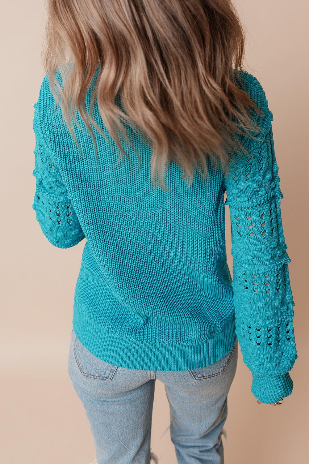 Turquoise Ruffled Eyelet Bubble Sleeve Sweater Sweaters JT's Designer Fashion