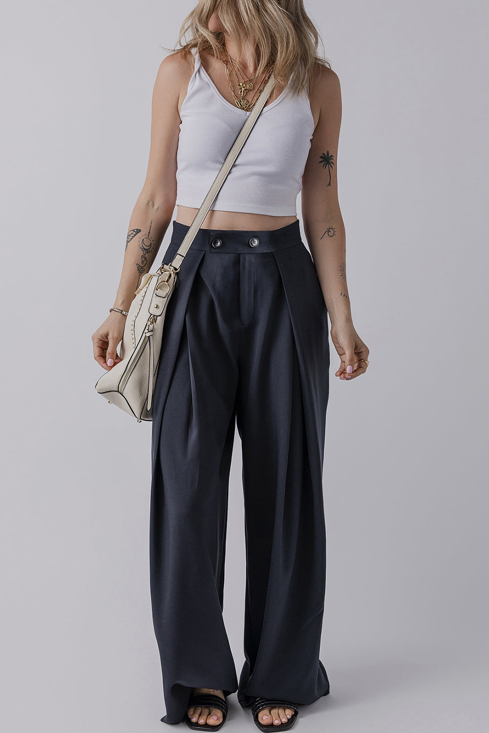 Dirty blue Dual Buttoned High Waist Pleated Wide Leg Pants Pants & Culotte JT's Designer Fashion