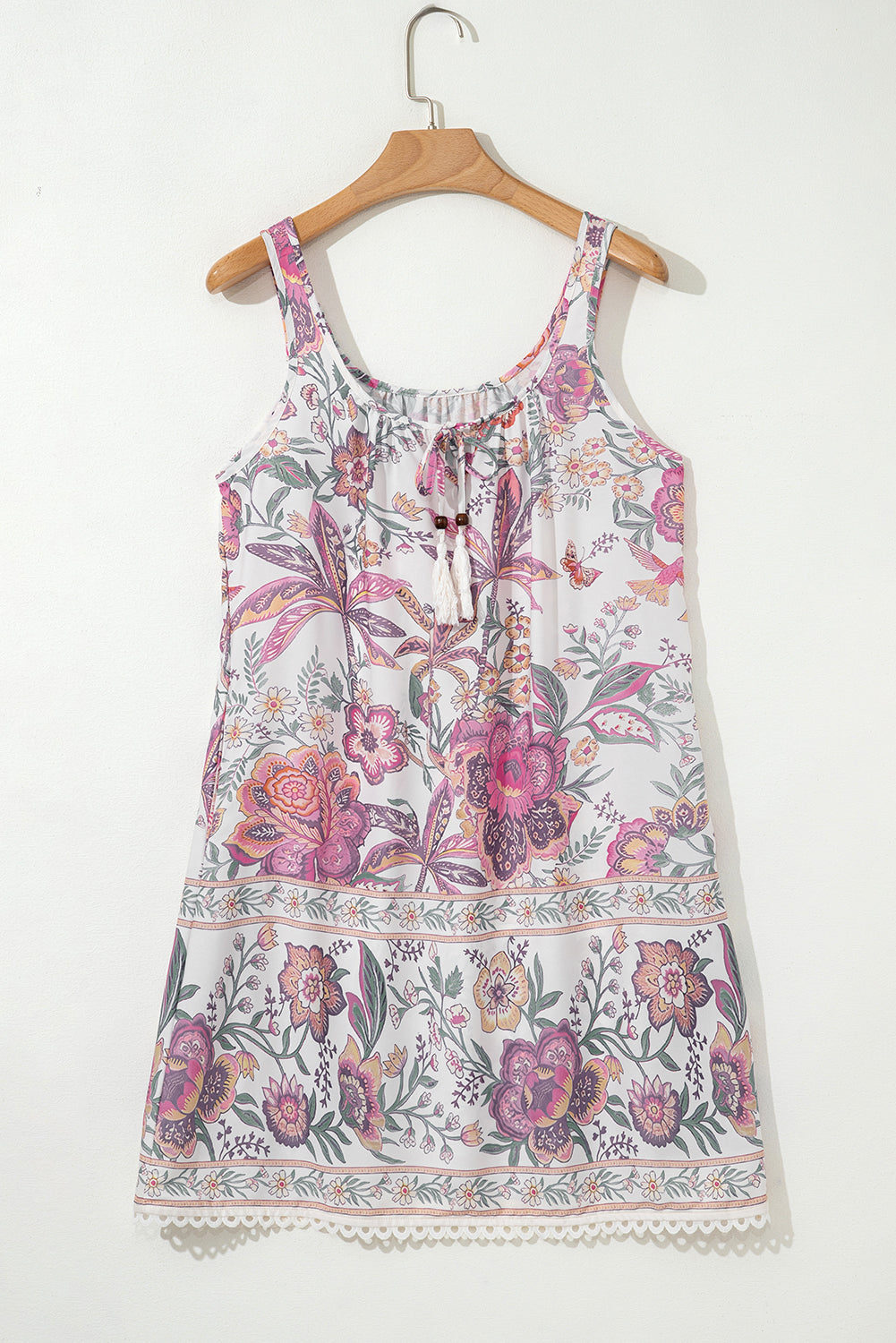 Multicolour Floral Print Fringed Tie U Neck Sleeveless Mini Dress Floral Dresses JT's Designer Fashion