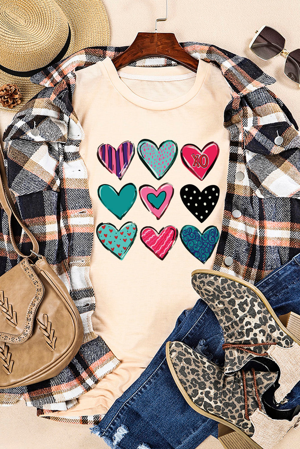 Khaki Valentines Multi Pattern Heart Shape Graphic T Shirt Graphic Tees JT's Designer Fashion