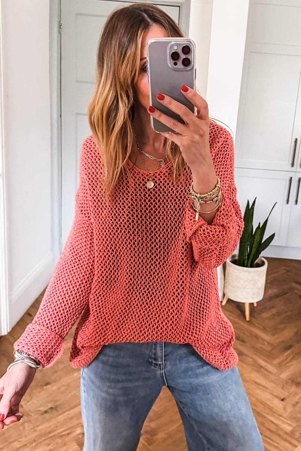 Coral Crochet Hollow-out Jumper Top Sweater Sweaters JT's Designer Fashion