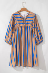 Khaki Stripe Contrast Striped Print 3/4 Sleeve Babydoll Plus Size Dress Plus Size Mini Dresses JT's Designer Fashion