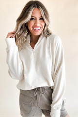 White Zipped Neck Pullover Drop Shoulder Sweatshirt Sweatshirts & Hoodies JT's Designer Fashion