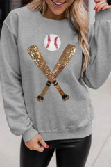 Gray Sequin Baseball Graphic Crewneck Game Day Sweatshirt Gray 50%Polyester+50%Cotton Graphic Sweatshirts JT's Designer Fashion