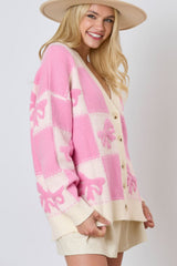 Pink Bowknot Checkered Pattern V Neck Drop Shoulder Button Up Cardigan Cardigans JT's Designer Fashion