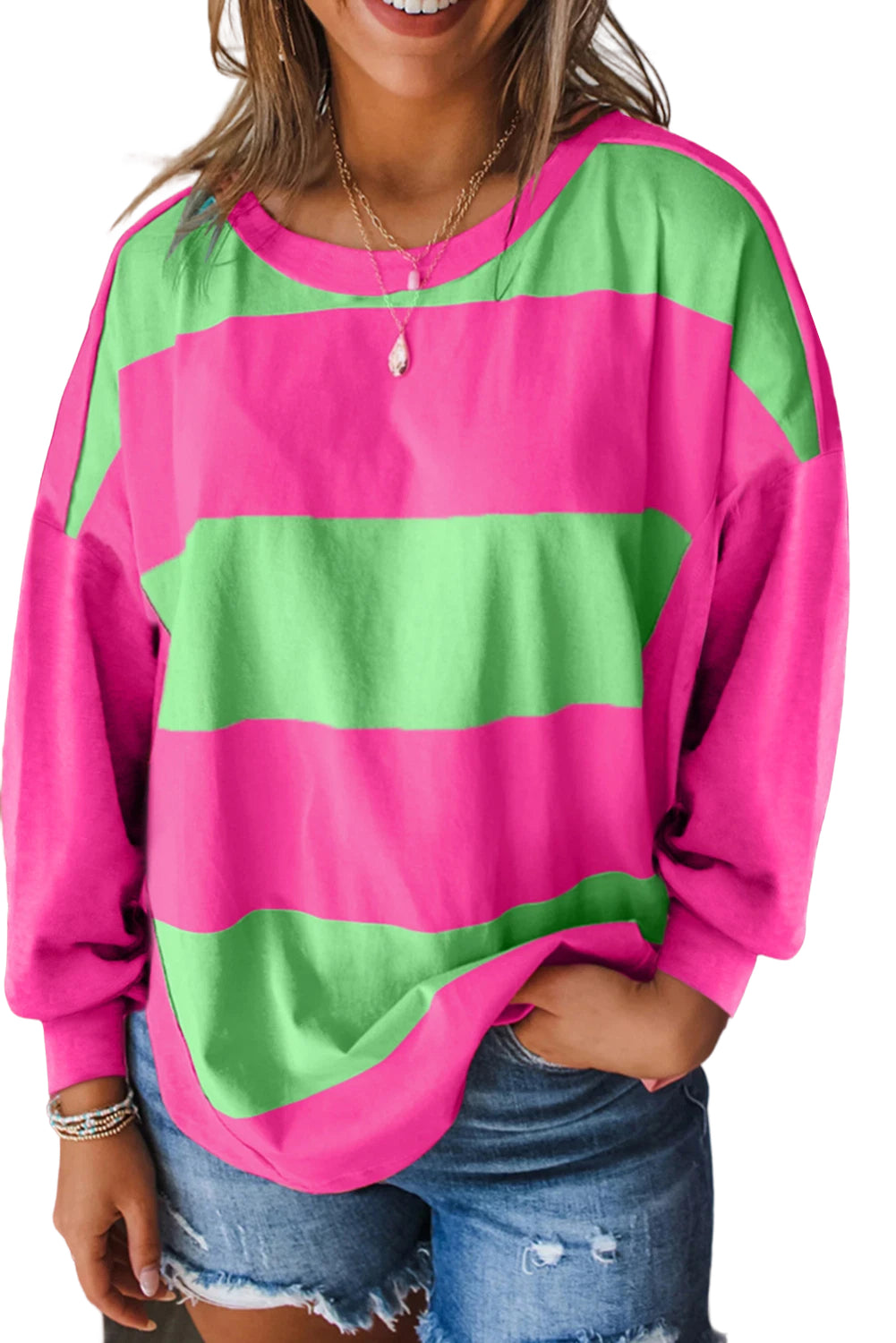 Light Green Colorblock Striped Drop Shoulder Loose Top Long Sleeve Tops JT's Designer Fashion