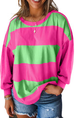 Light Green Colorblock Striped Drop Shoulder Loose Top Long Sleeve Tops JT's Designer Fashion