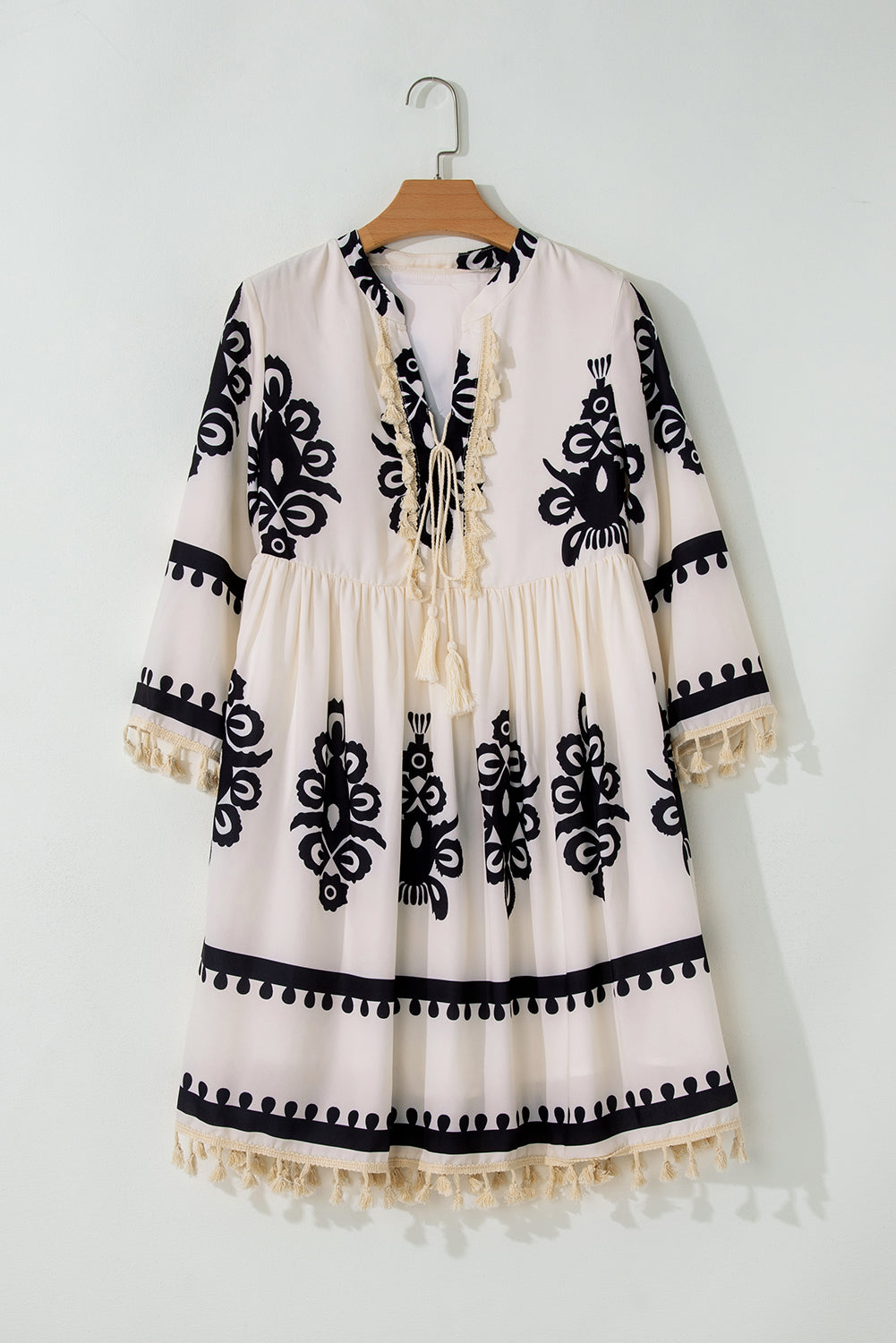 Beige Western Pattern Print Tasseled Notch V Neck Mini Dress Mini Dresses JT's Designer Fashion