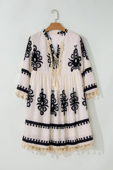 Beige Western Pattern Print Tasseled Notch V Neck Mini Dress Mini Dresses JT's Designer Fashion