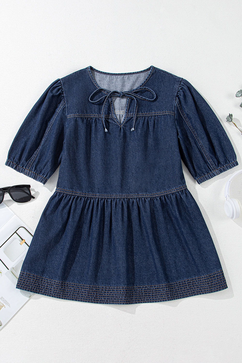 Sail Blue Puff Sleeve Lace-up Neckline Splicing Denim Blouse Blouses & Shirts JT's Designer Fashion
