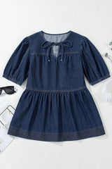 Sail Blue Puff Sleeve Lace-up Neckline Splicing Denim Blouse Blouses & Shirts JT's Designer Fashion
