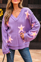 Lavendula Brushed Star Graphic V Neck Drop Shoulder Oversize Sweater Sweaters JT's Designer Fashion