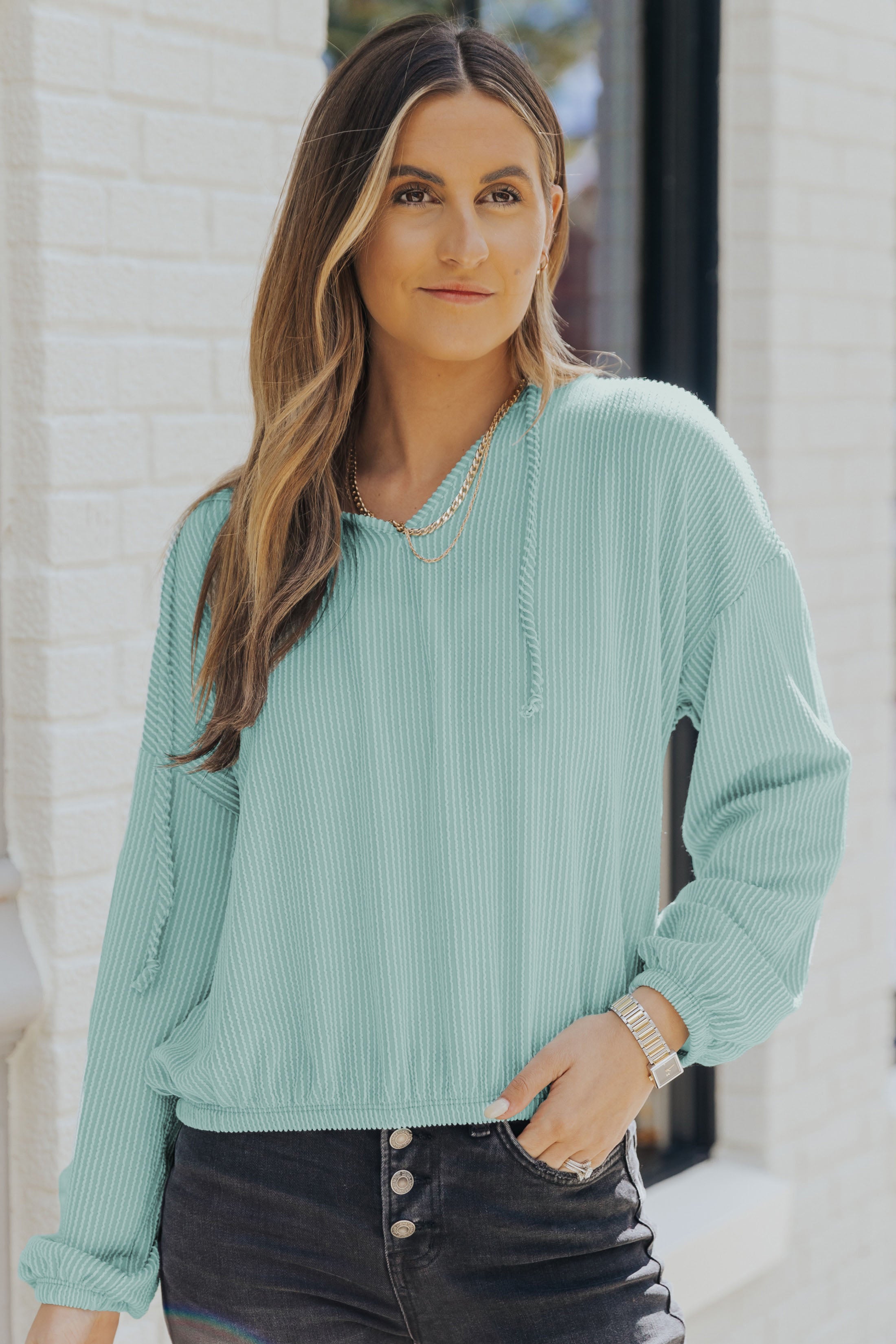 Green Loose Fit Ribbed V Neck Hoodie Sweatshirts & Hoodies JT's Designer Fashion