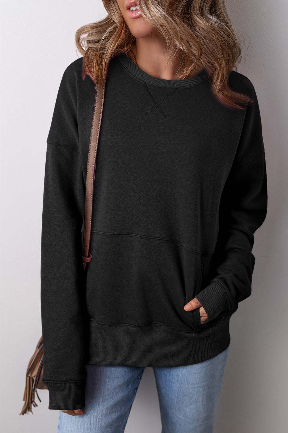 Black Drop Shoulder Crisscross Stitching Pocketed Loose Sweatshirt Sweatshirts & Hoodies JT's Designer Fashion