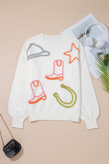 White Tinsel Western Boots Horseshoe Star Knit Crew Neck Sweater Sweaters JT's Designer Fashion