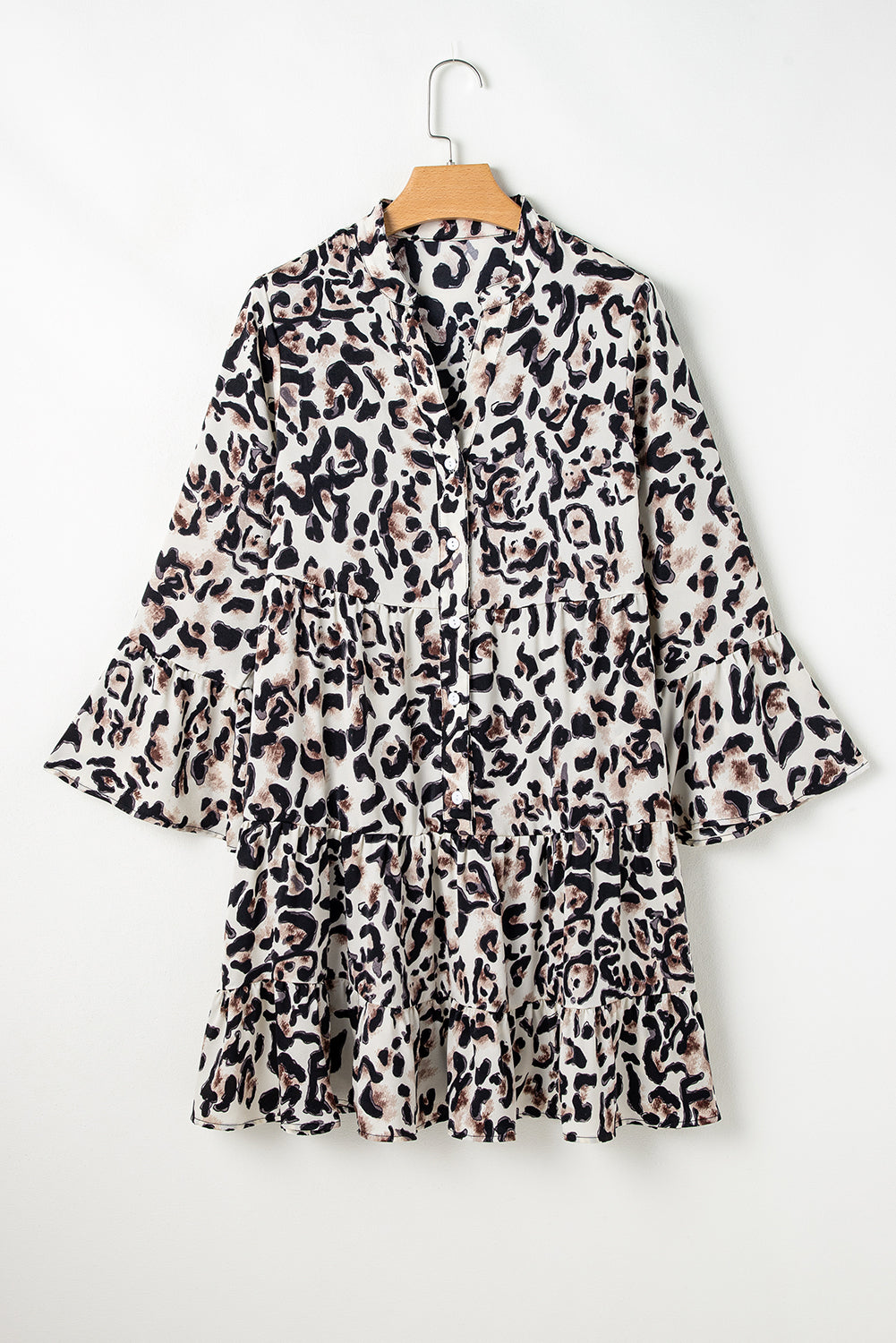 Black Leopard Print Buttoned Front 3/4 Sleeve Tiered Ruffled Hem Dress Mini Dresses JT's Designer Fashion