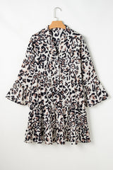 Black Leopard Print Buttoned Front 3/4 Sleeve Tiered Ruffled Hem Dress Mini Dresses JT's Designer Fashion