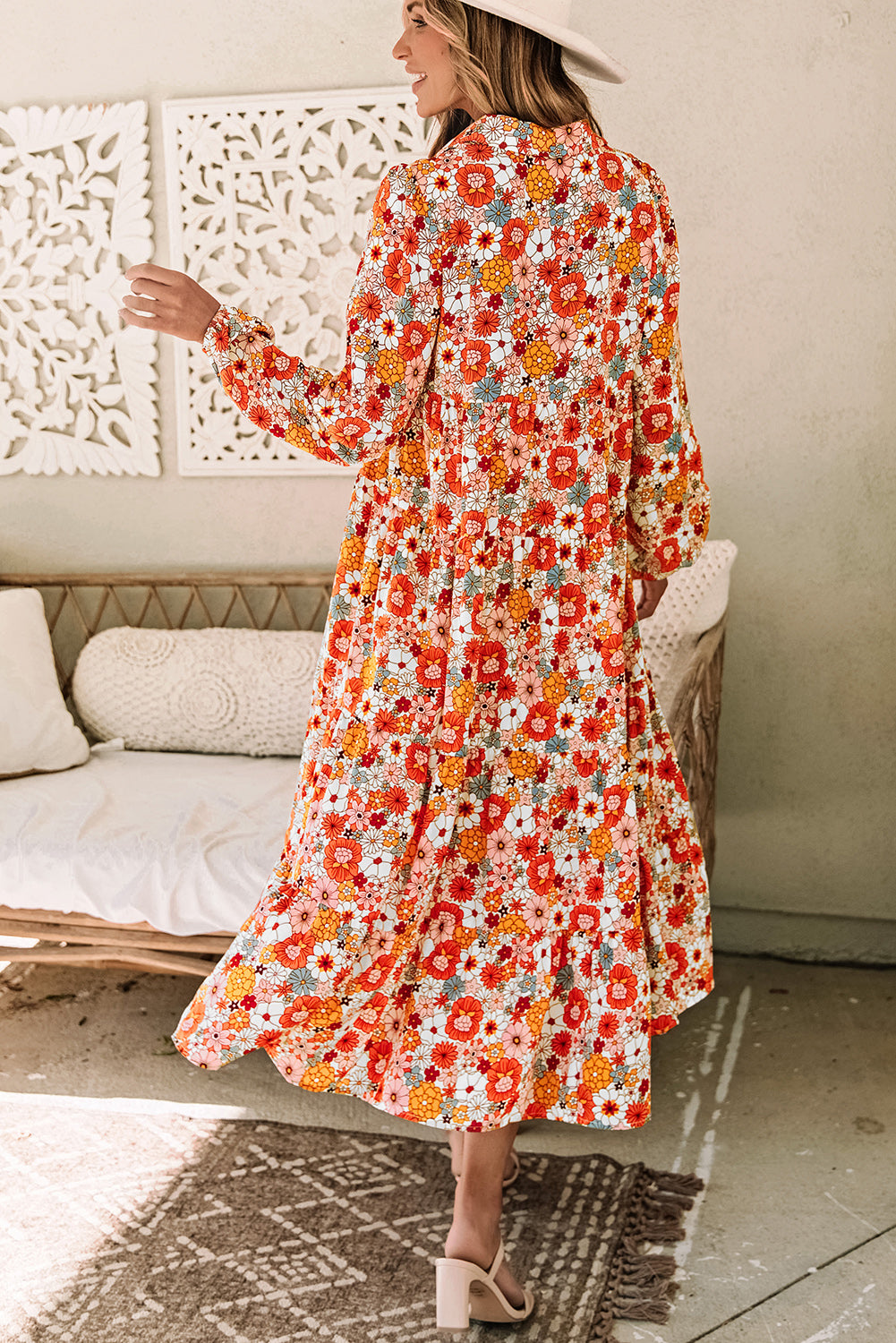 Multicolor Boho Floral Collared Long Sleeve Ruffled Dress Floral Dresses JT's Designer Fashion