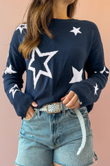 Sail Blue Star Pattern Drop Shoulder Knitted Sweater Sail Blue 100%Cotton Sweaters JT's Designer Fashion