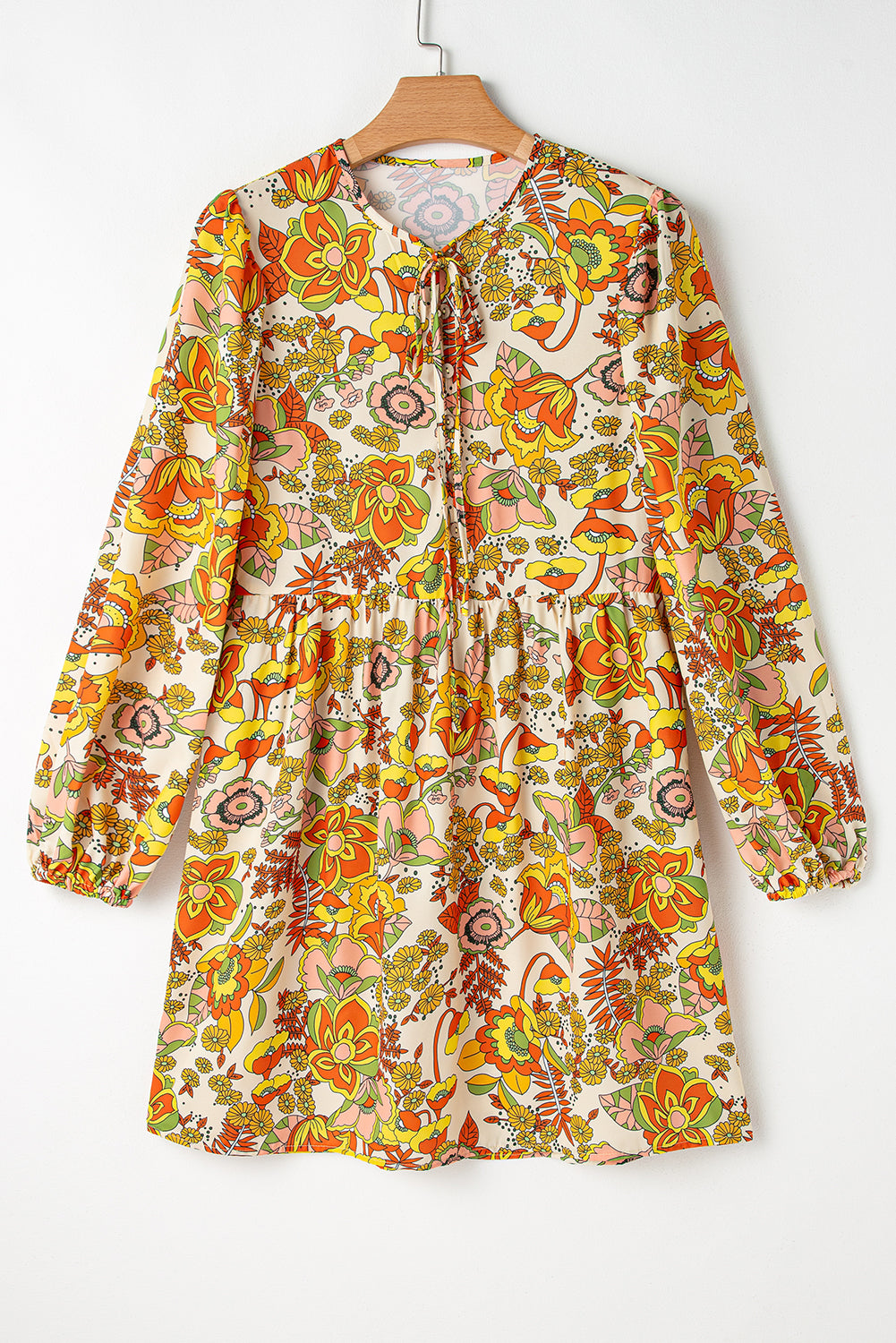 Yellow Cream Floral Print V Neck Puff Sleeve Mini Dress Floral Dresses JT's Designer Fashion