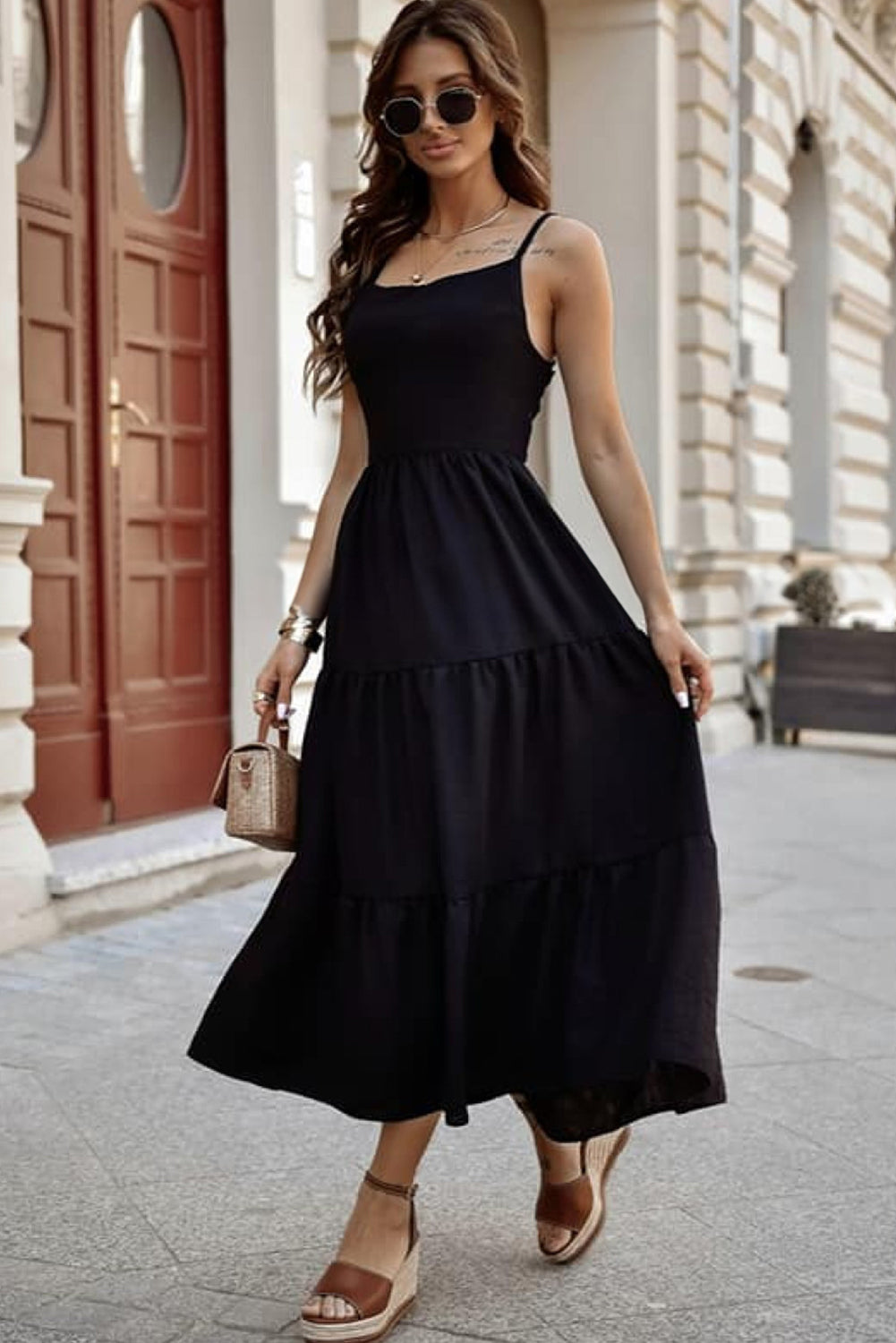 Black Crossover Backless Bodice Tiered Maxi Dress Dresses JT's Designer Fashion