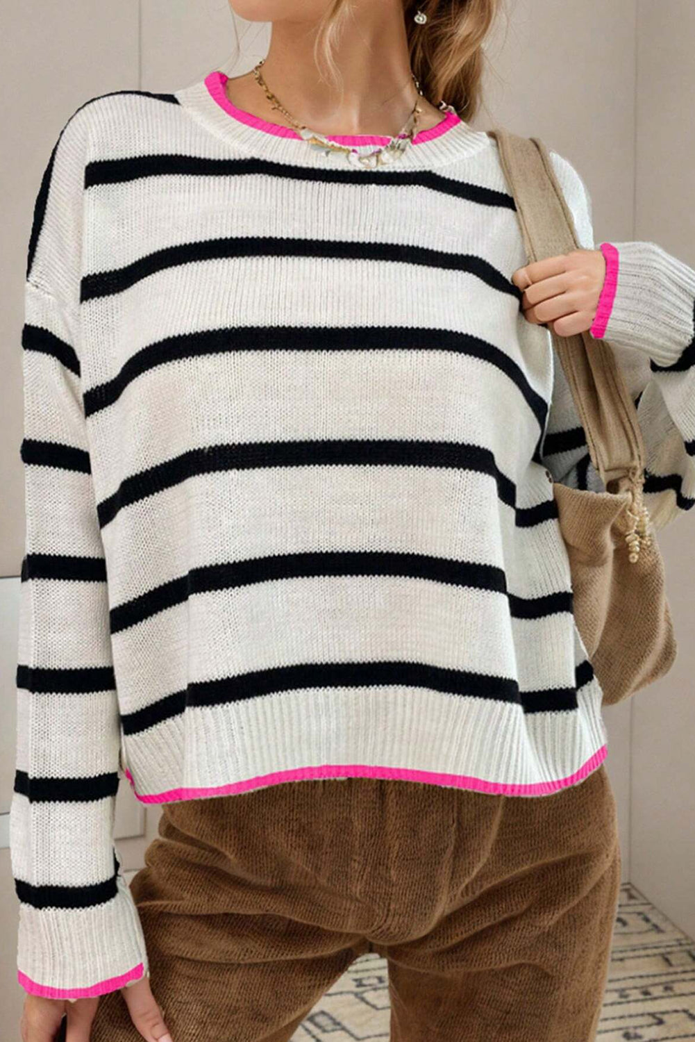 White Stripe Color Contrast Drop Shoulder Crew Neck Sweater Sweaters JT's Designer Fashion